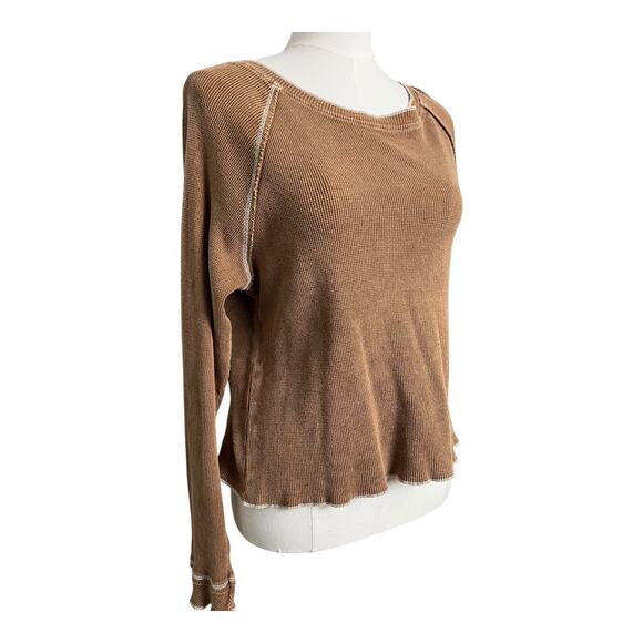 Altar'd State Thermal Waffle Knit Blouse Shirt Top Medium Brown Distressed - Picture 2 of 5